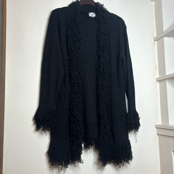 VARIATIONS Soft Black Stretchy Open Front Fringe Long Cardigan Sweater - Picture 2 of 13